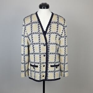 Vintage Tricoville Plaid Cardigan Sweater Jacket — Wool Blend, Button Front, 14